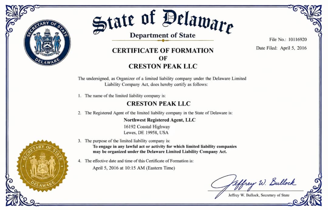 Creston Peak Incorporation Certificate